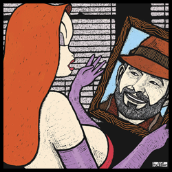 Woodcut Drawing of Gary K. Wolf and Jessica Rabbit